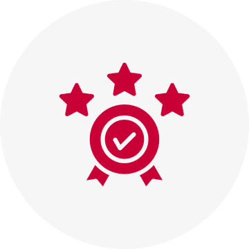 Red badge with stars and checkmark.