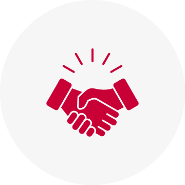 Red handshake icon on white circle background.